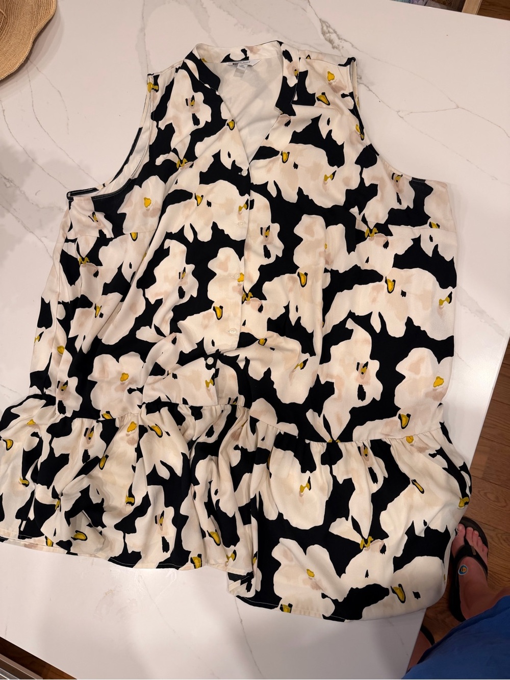 Nine West Black and Cream Floral Peplum Sleeveless Tunic with Yellow Accents